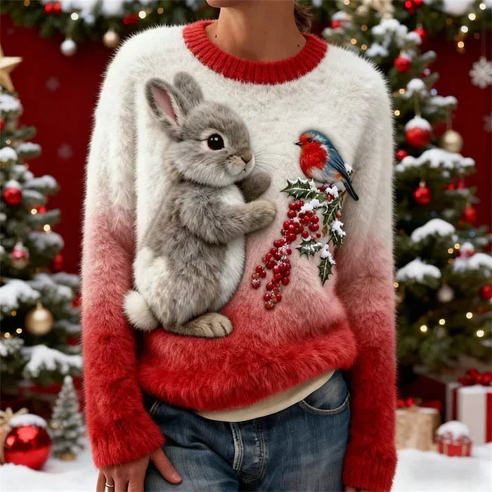 Janelli | Women's Bunny Print Sweater, Soft Plush Festive Winter Knit Sweater