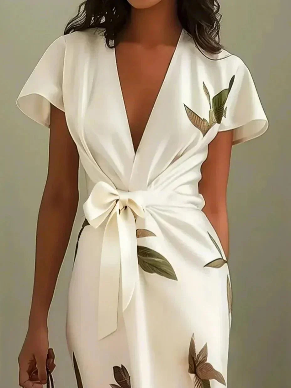 Brenna | Women's Wrap Midi Dress, V-Neck Flutter Sleeve Dress for Vacation