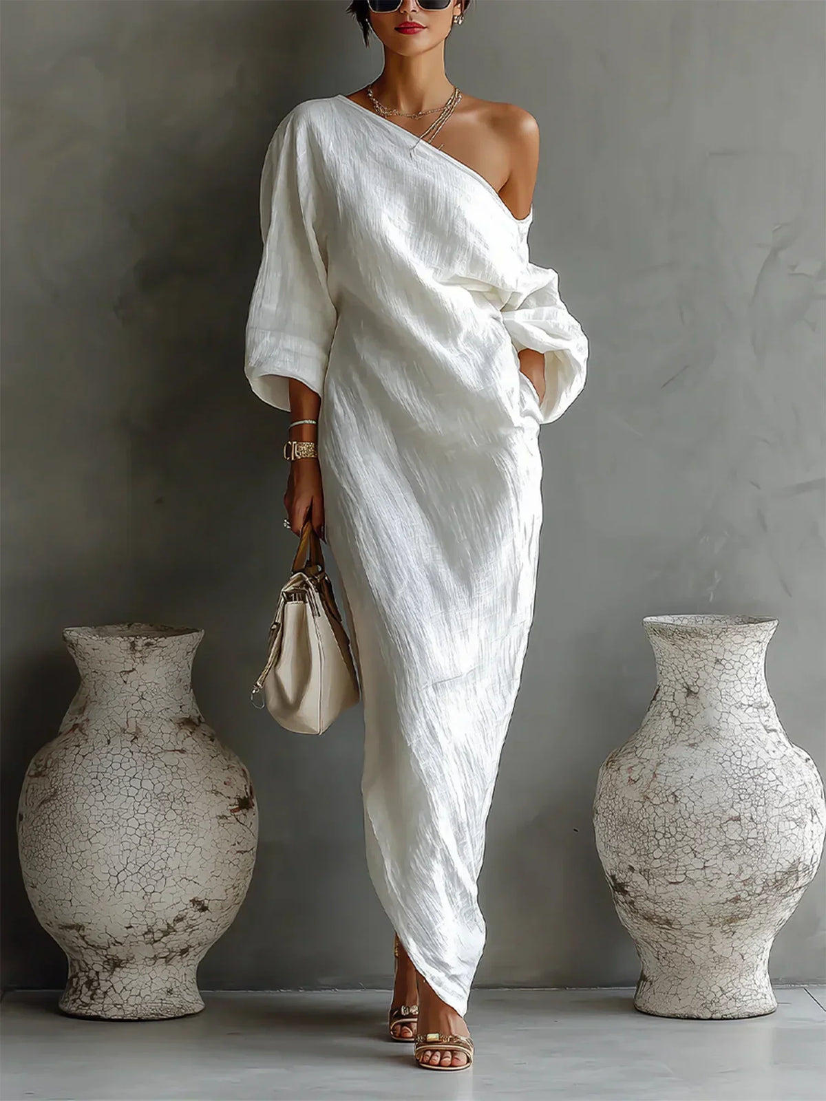 Women's Balloon Sleeve Cotton Linen Maxi Dress, Flowy Summer Dress with Irregular Hem