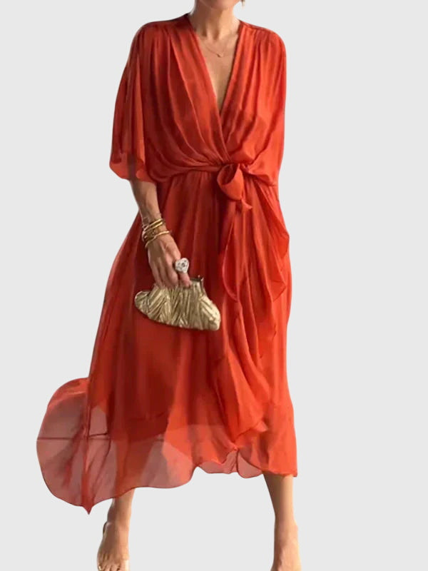 Bethany | Women's V-Neck Midi Dress, Lightweight Flowing Wedding Guest Dress
