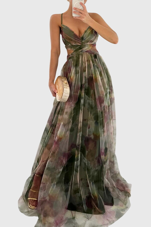 Giselle | Women's Floral Maxi Dress, Crisscross Strap High-Waisted Summer Dress
