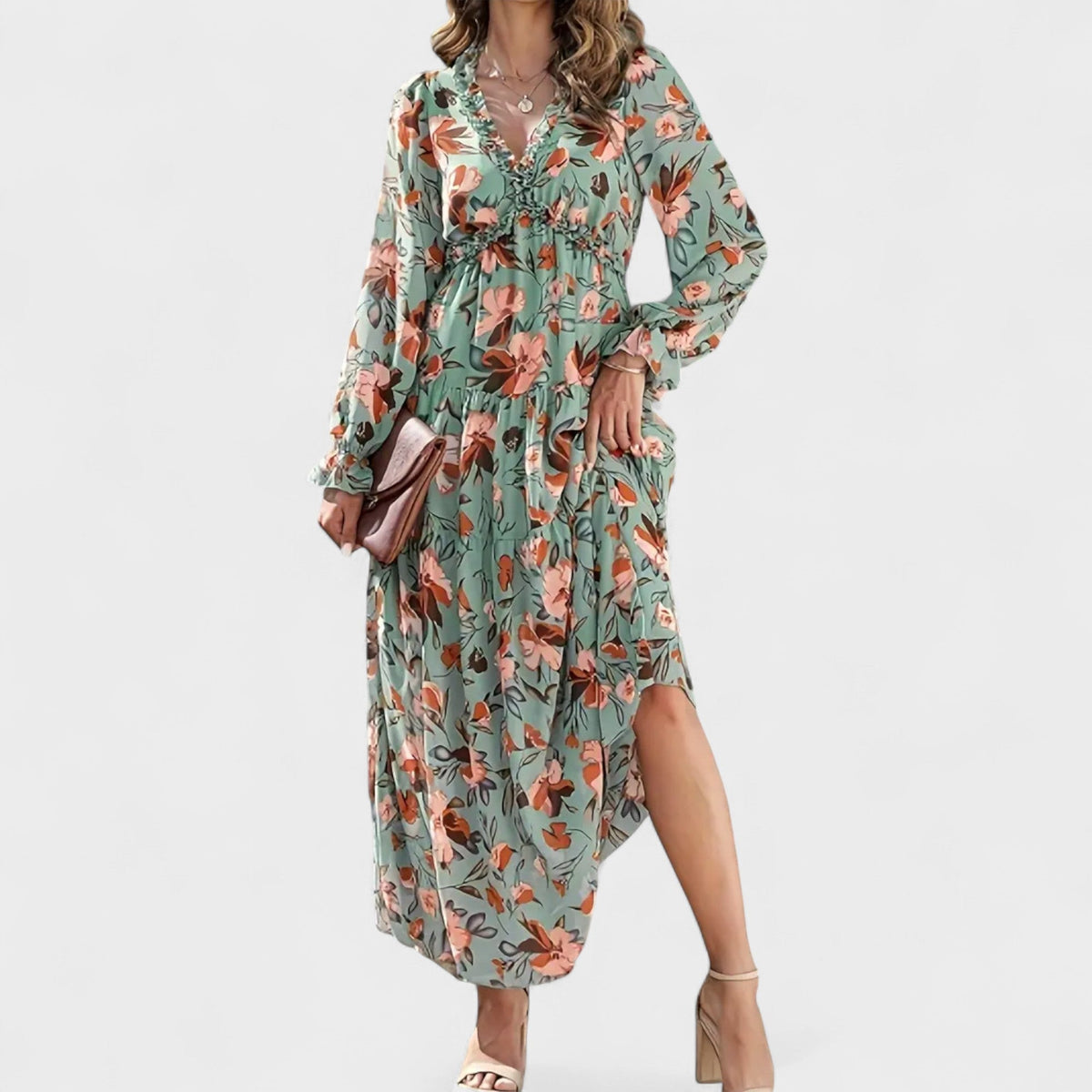 Zera | Women's Floral Tiered Maxi Dress, Long Sleeve V-Neck Dress for Warm Weather