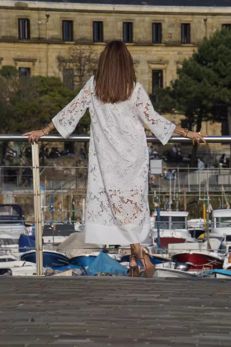 Isabelle | Women's All-Over Lace Midi Dress, Three-Quarter Sleeve Occasion Dress