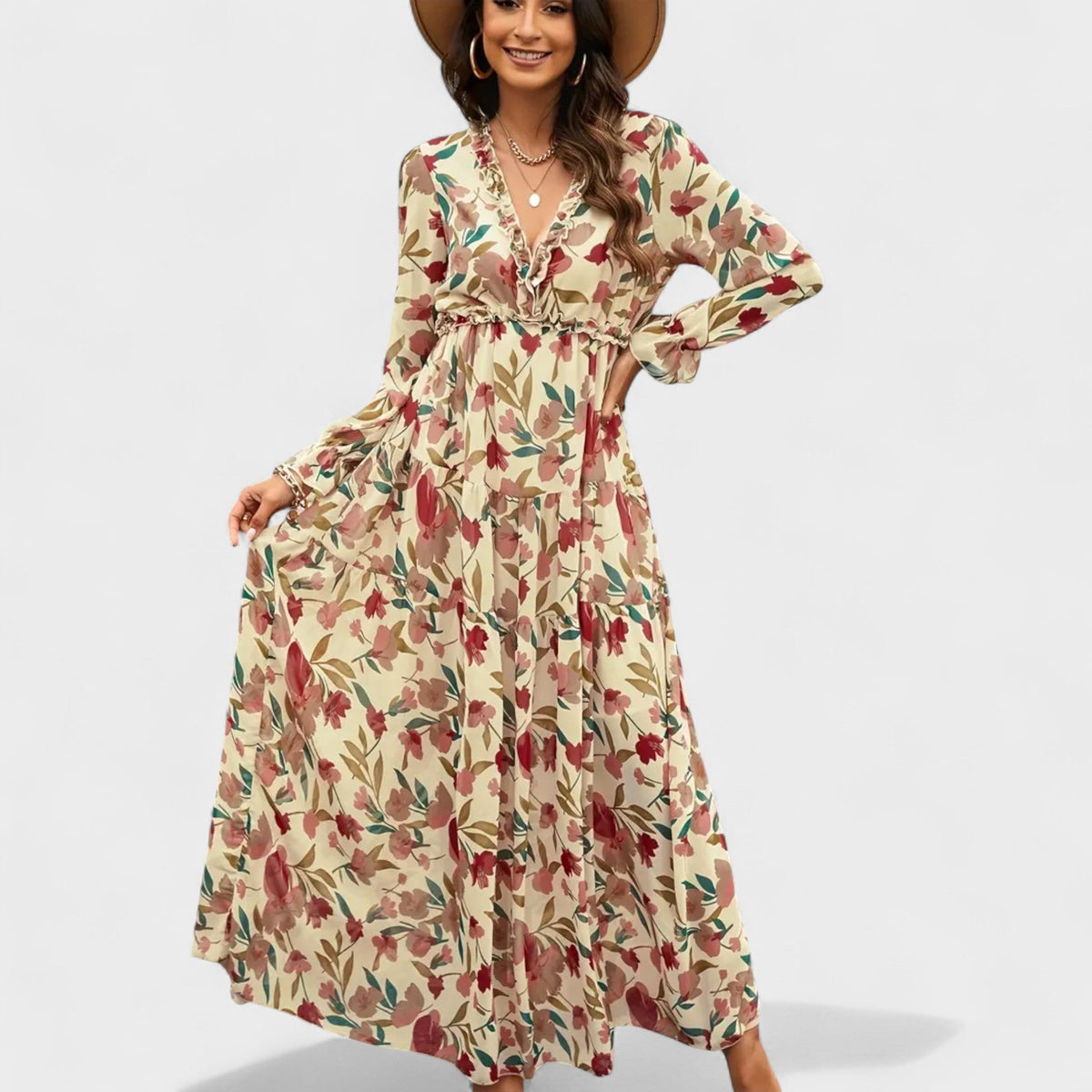 Zera | Women's Floral Tiered Maxi Dress, Long Sleeve V-Neck Dress for Warm Weather