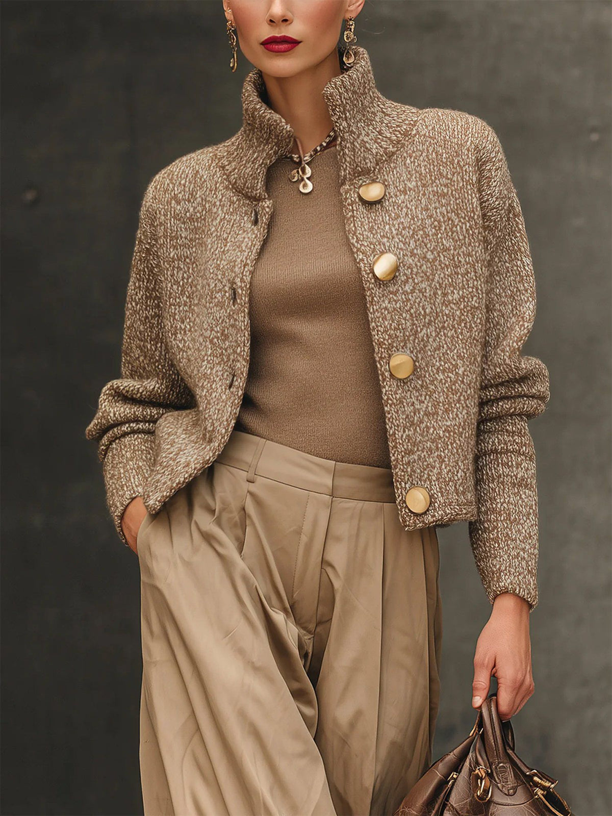 Josephine | Women's Textured Knit Jacket, Button Front High Neck Layering Jacket