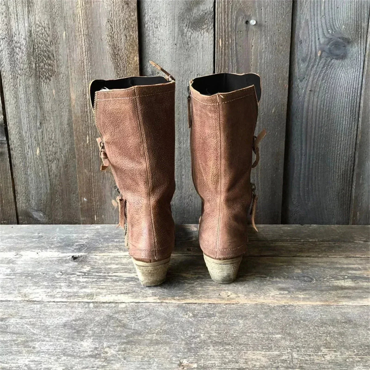 Sierra | Women's Mid-Calf Distressed Vegan Leather Western Boots, Side-Zip Cowboy Boots