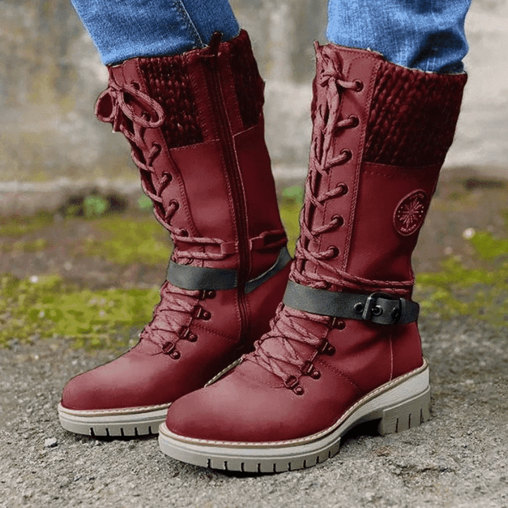 Reagan | Women's Calf-High Winter Boots, Weather-Resistant Buckle Boots with Knit Trim