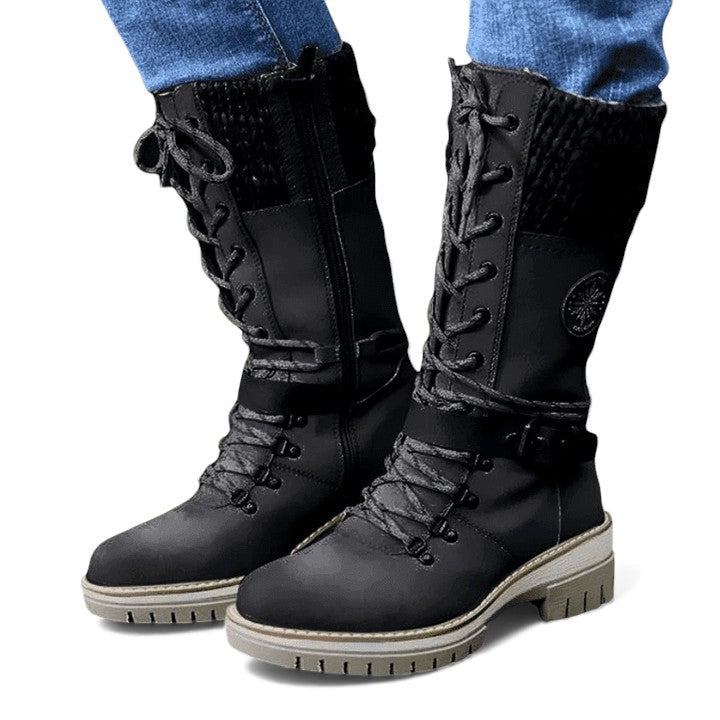 Reagan | Women's Calf-High Winter Boots, Weather-Resistant Buckle Boots with Knit Trim