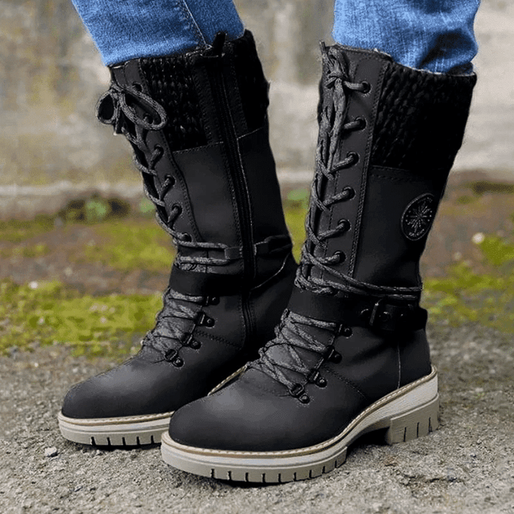 Reagan | Women's Calf-High Winter Boots, Weather-Resistant Buckle Boots with Knit Trim