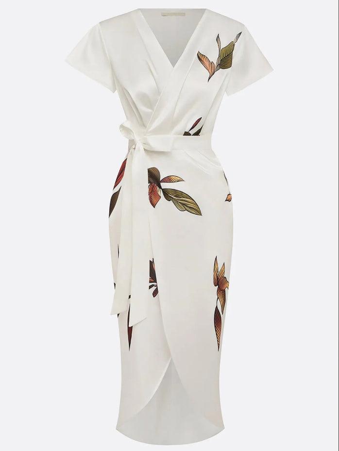 Brenna | Women's Wrap Midi Dress, V-Neck Flutter Sleeve Dress for Vacation