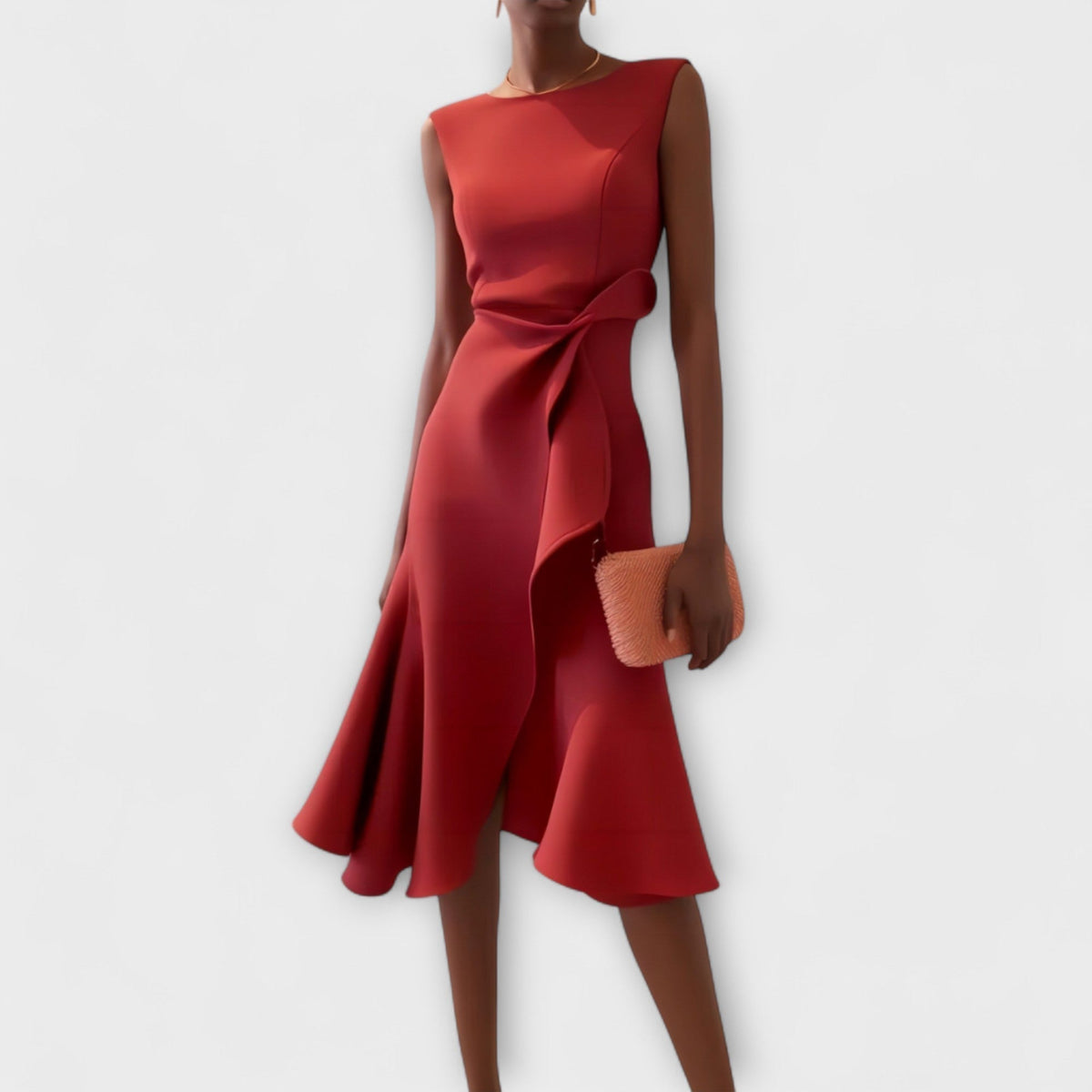 Darlene | Women's Sleeveless Asymmetric Midi Dress, Draped Wedding Guest Dress