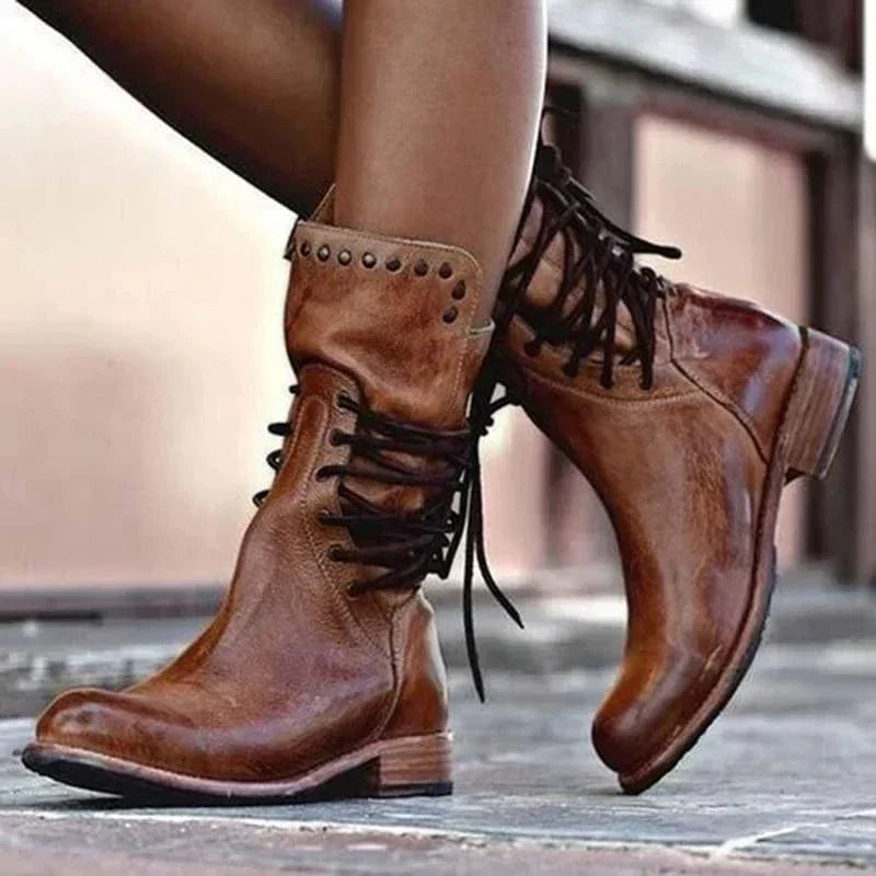 Dakota | Women's Distressed Vegan Leather Western Boots, Lace-Up Cowboy Boots