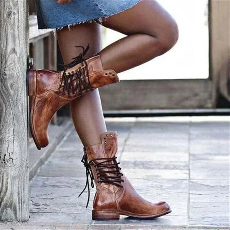 Dakota | Women's Distressed Vegan Leather Western Boots, Lace-Up Cowboy Boots