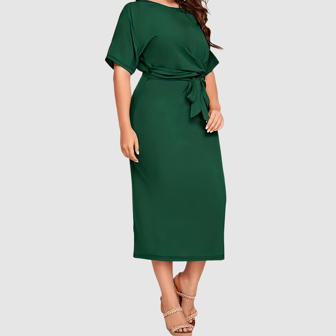Margaux Lane | Women's Tie Waist Draped Midi Dress, Relaxed Sleeve Fall Dress