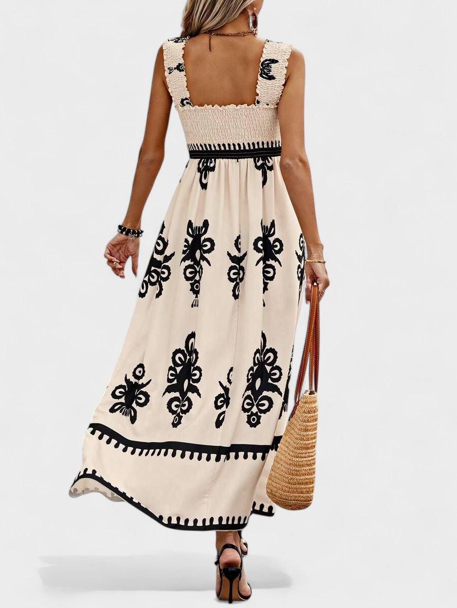 Liora | Women's Smocked Bodice Maxi Dress, Boho Print Square Neck Dress