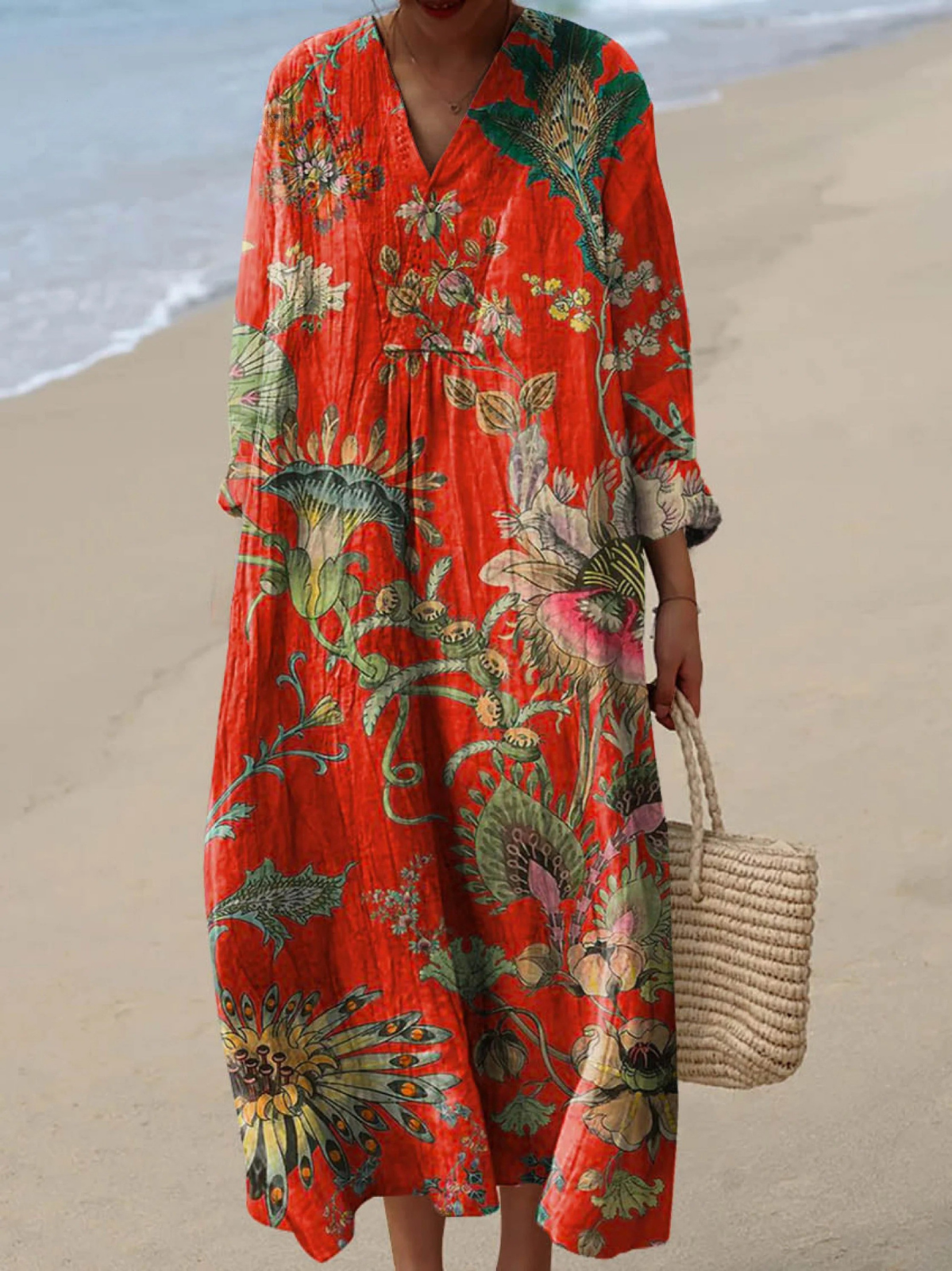 Women's Vintage Floral Art Print Cotton Dress, Long Sleeve Lightweight Spring Dress