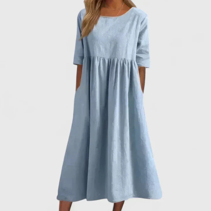Thalyvia | Women's A-Line Midi Dress, Relaxed Fit Everyday Dress with Pockets