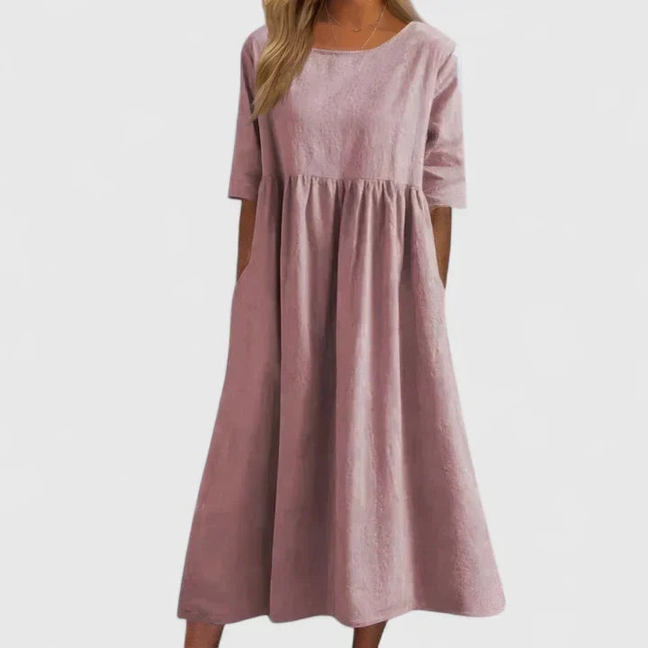 Thalyvia | Women's A-Line Midi Dress, Relaxed Fit Everyday Dress with Pockets