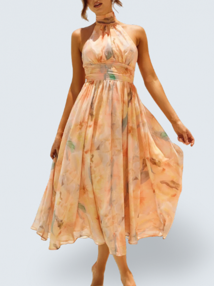 Livia | Women's Halter Neck Chiffon Midi Dress, Open Back Wedding Guest Dress