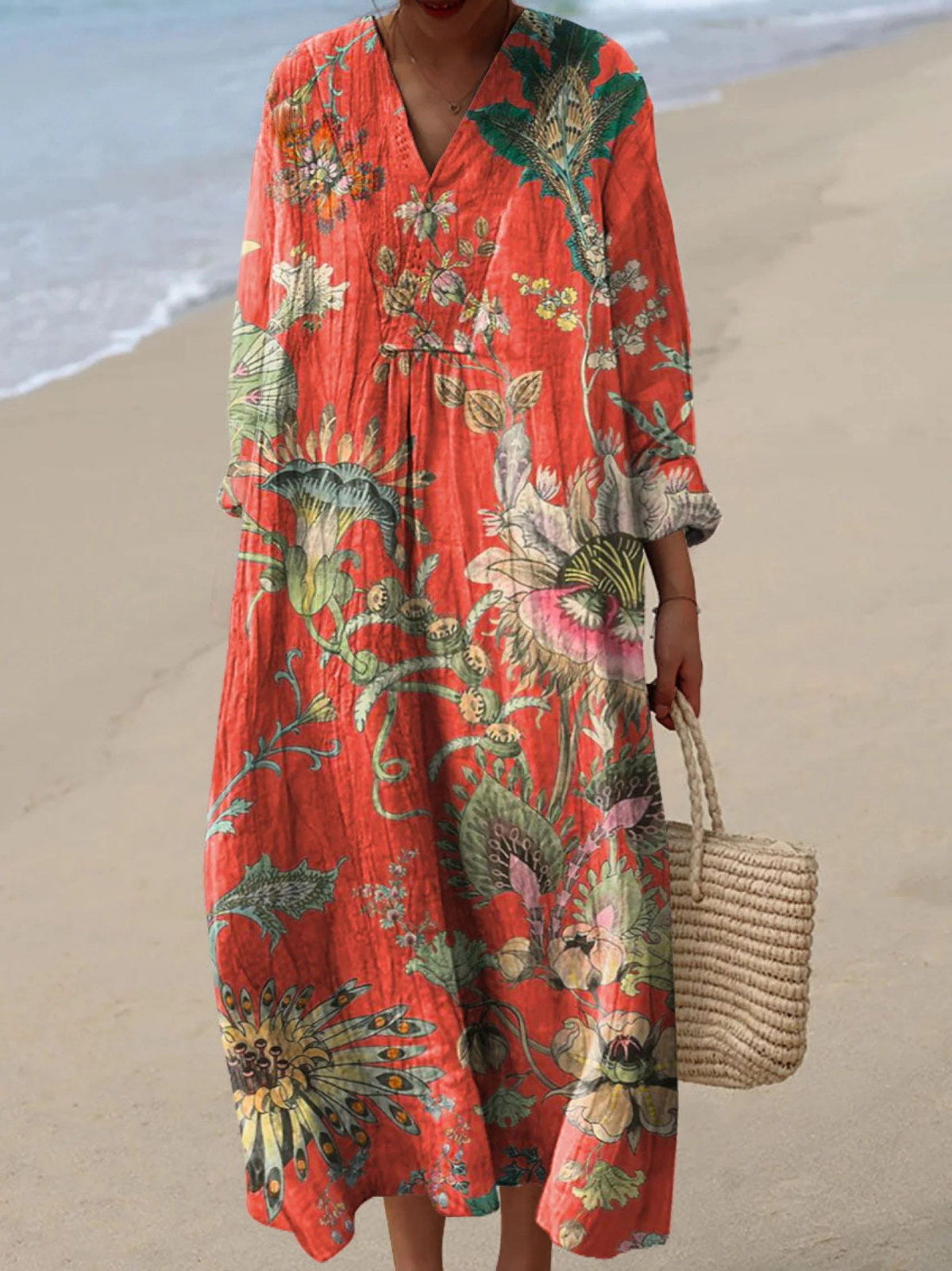 Women's Vintage Floral Art Print Cotton Dress, Long Sleeve Lightweight Spring Dress