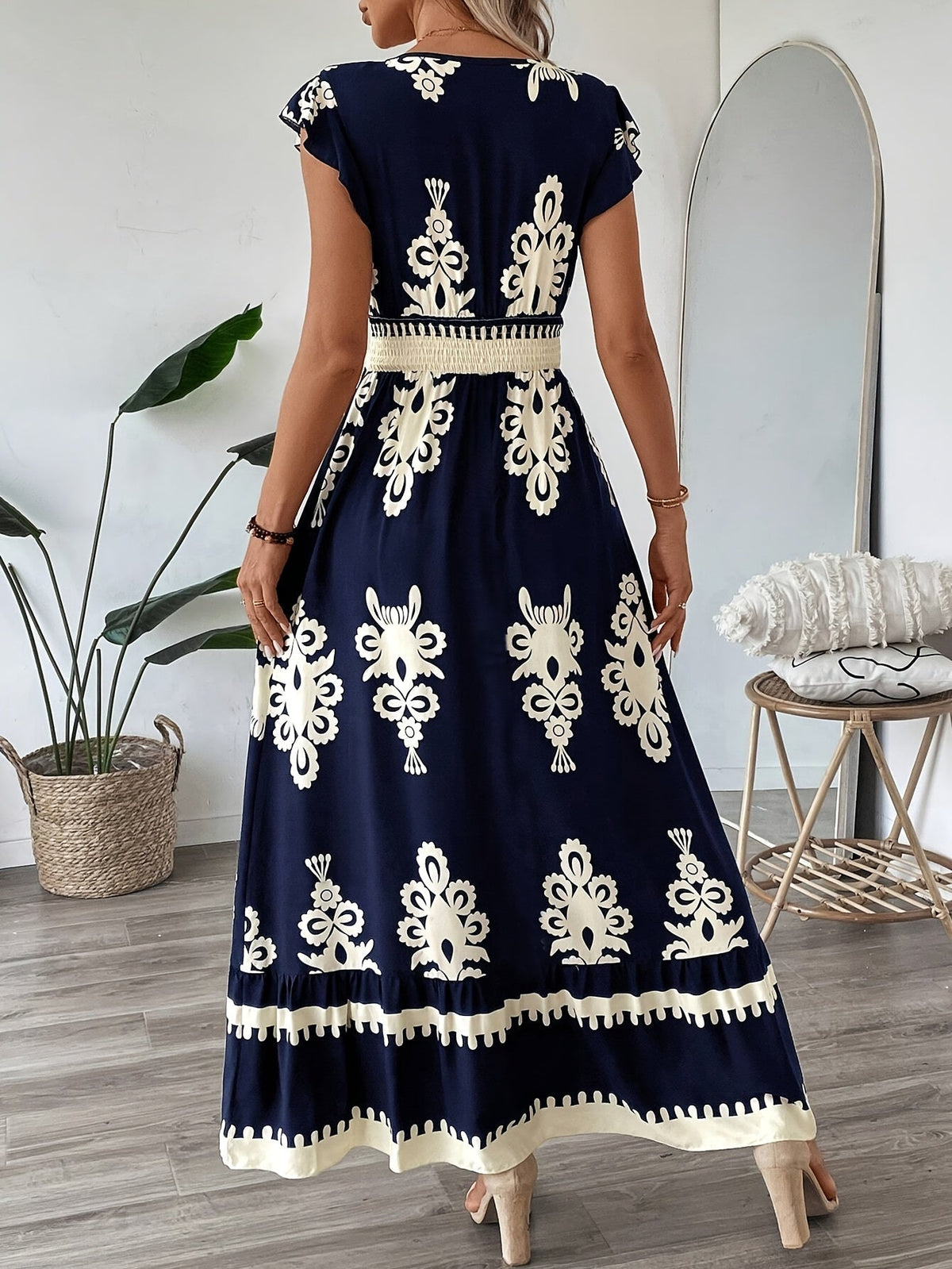 Alessia | Women's A-Line Maxi Dress, Shirred Waist V-Neck Summer Dress