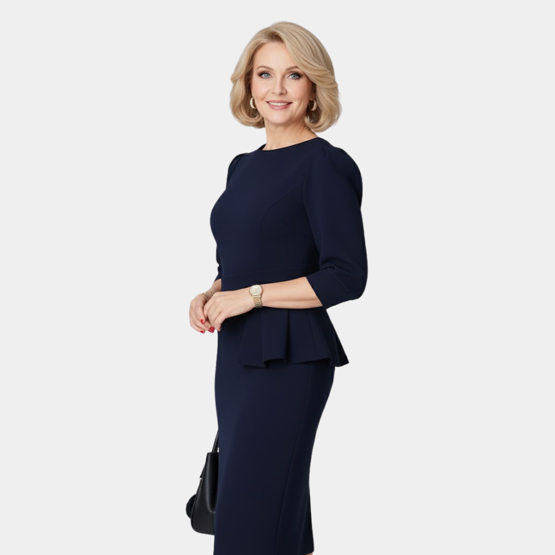 Claudine Bloom | Women's Ruffle Waist Midi Dress, Three-Quarter Sleeve Fall Dress