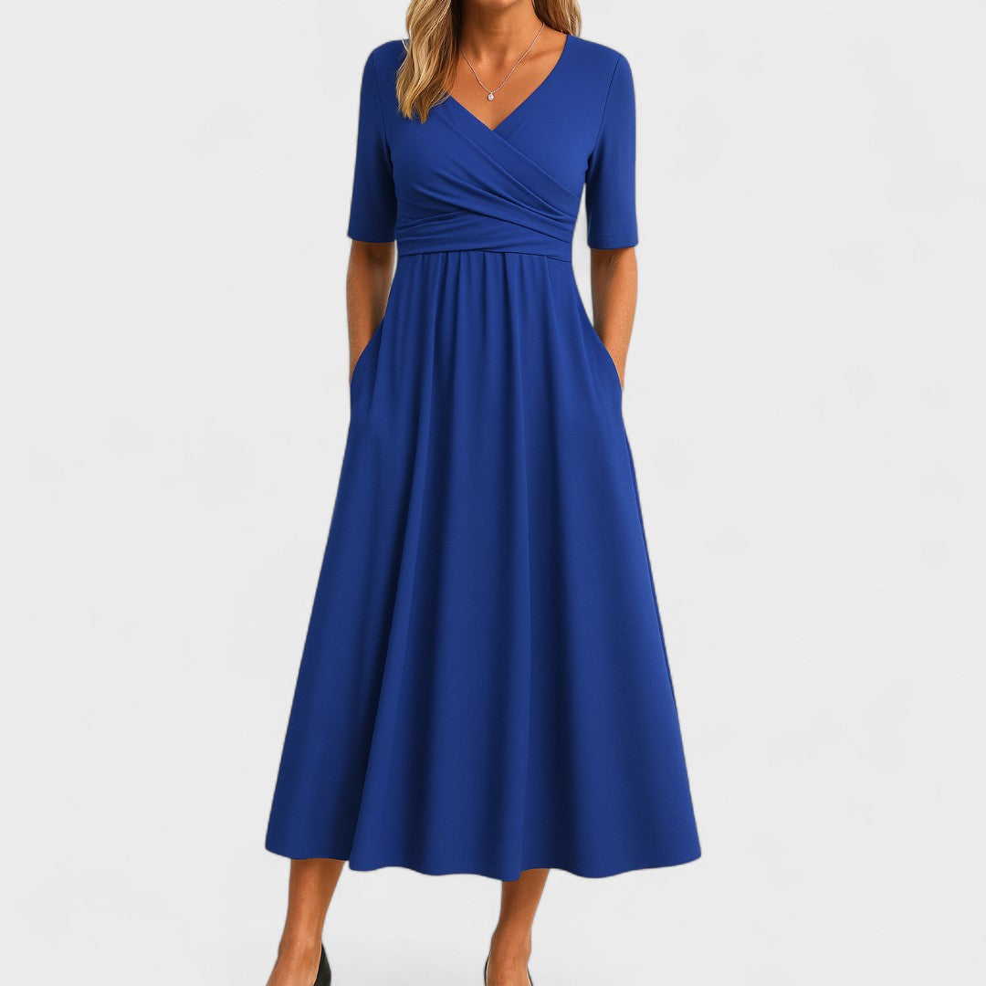 Ida | Women's Wrap V-Neck Midi Dress, Pleated Bodice Dress with Pockets