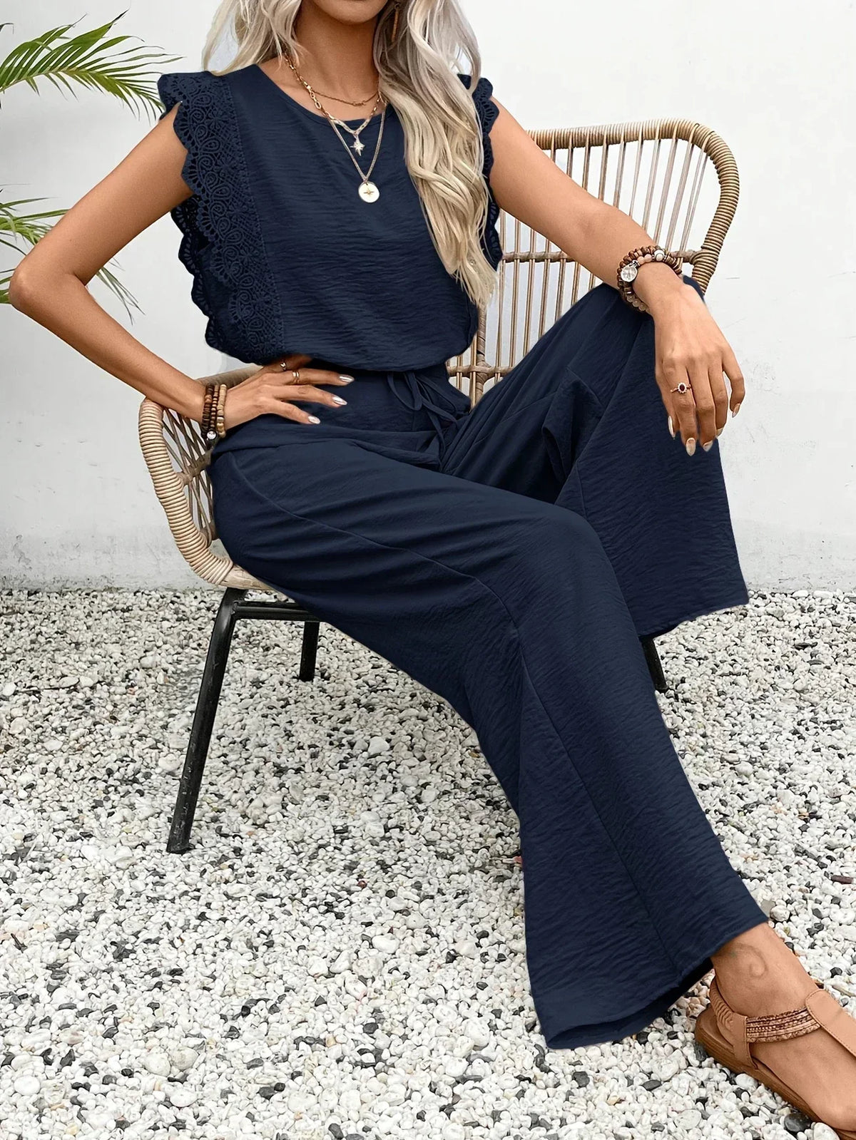 Zella | Women's Lace-Trimmed Two-Piece Set, High-Waist Wide-Leg Trousers and Top