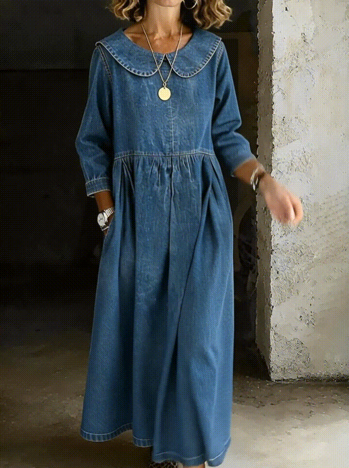 Clara | Women's Peter Pan Collar Denim Dress, Relaxed Fit Casual Dress