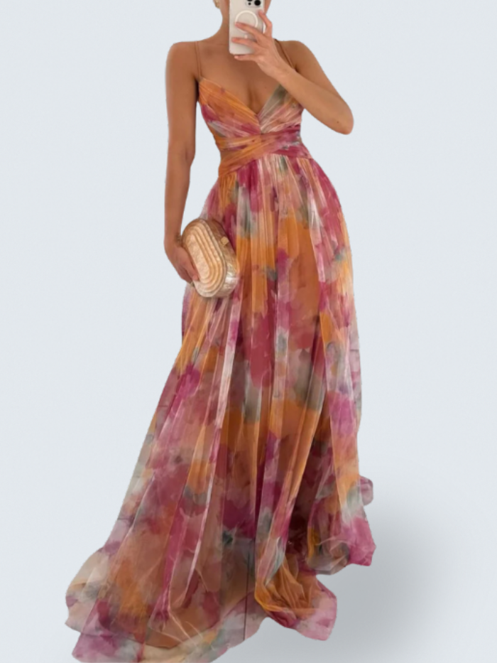 Eirith | Women's Watercolour Print Maxi Dress, Plunging Neckline Dress for Evening Events