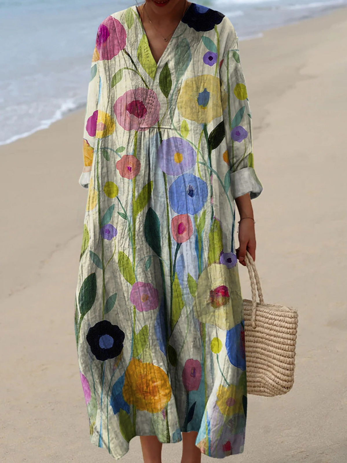 Women's Floral Art Print Cotton Dress, Long Sleeve Spring Dress with Flowing Silhouette