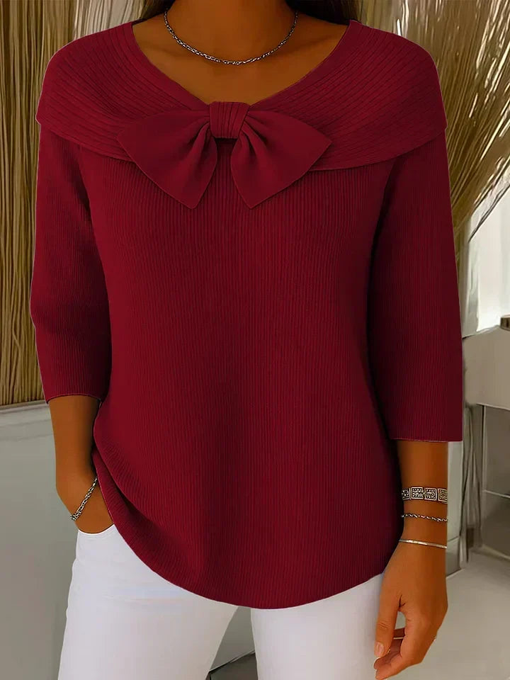 Elodie | Women's Off-Shoulder Bow Sweater, Soft Knit 3/4 Sleeve Evening Sweater