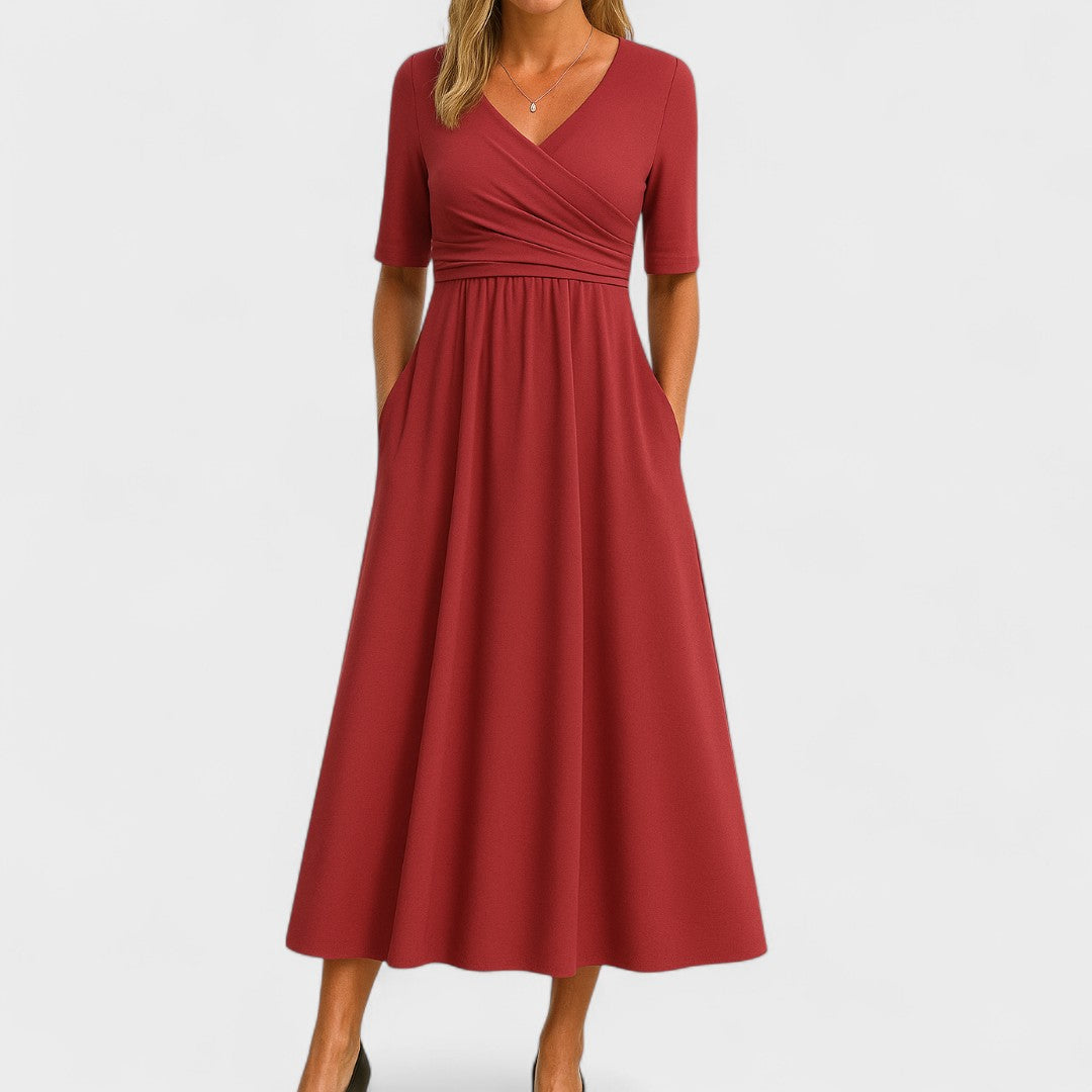 Ida | Women's Wrap V-Neck Midi Dress, Pleated Bodice Dress with Pockets