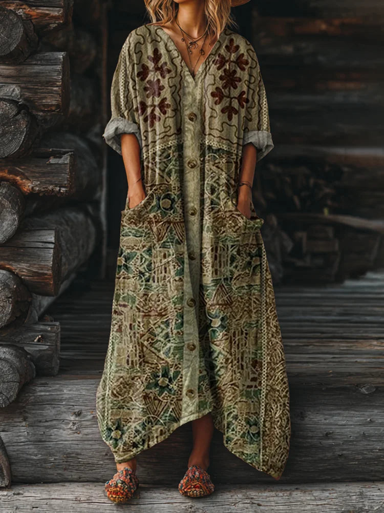 Ophira | Women's Vintage Boho Print Dress, V-Neck Relaxed Fit Dress with Pockets