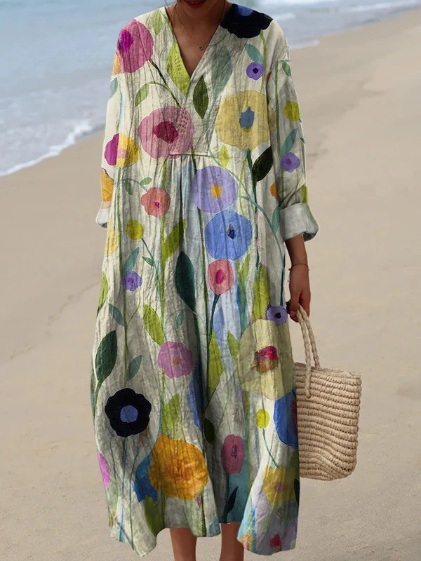 Women's Floral Art Print Cotton Dress, Long Sleeve Spring Dress with Flowing Silhouette
