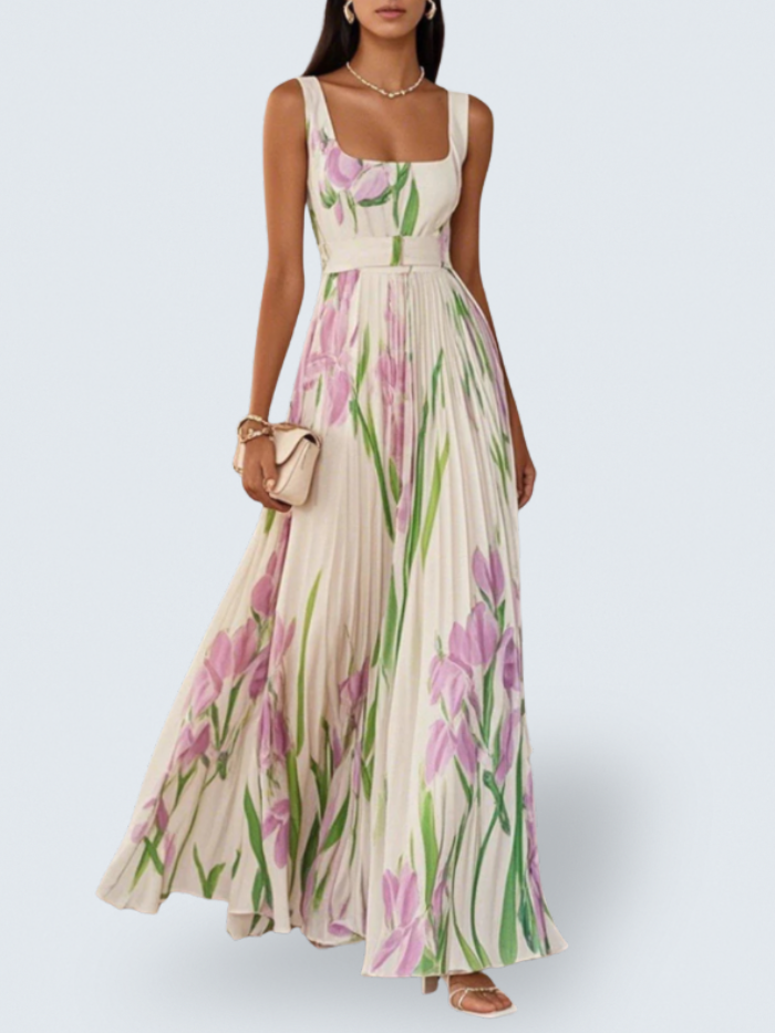 Ella | Women's Pleated Floral Polyester Maxi Dress, Sleeveless A-Line Square Neck Dress