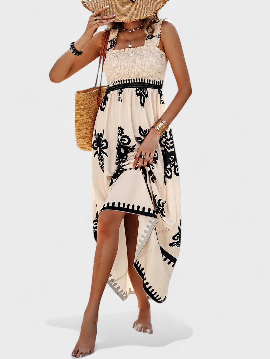 Liora | Women's Smocked Bodice Maxi Dress, Boho Print Square Neck Dress
