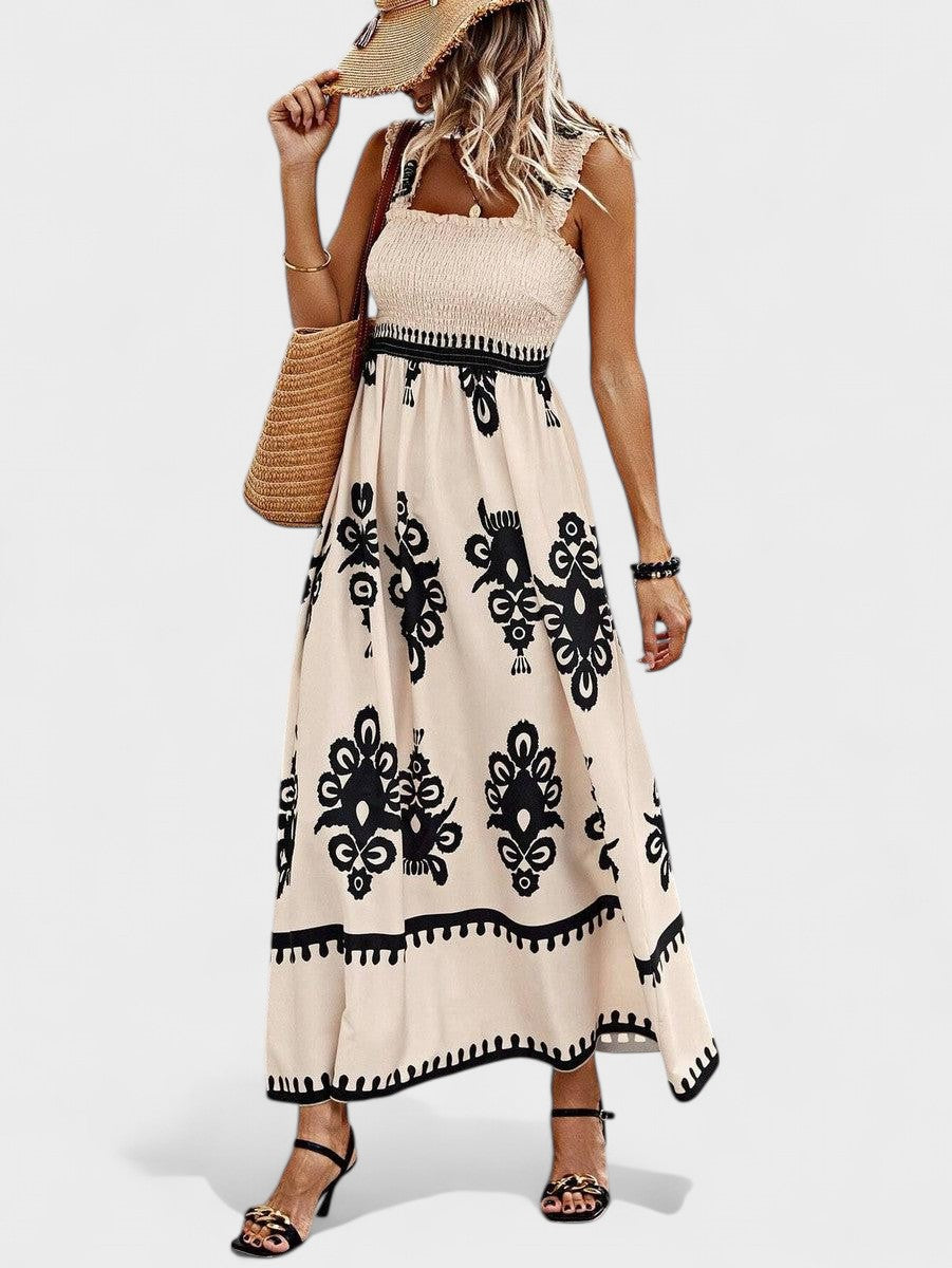 Liora | Women's Smocked Bodice Maxi Dress, Boho Print Square Neck Dress