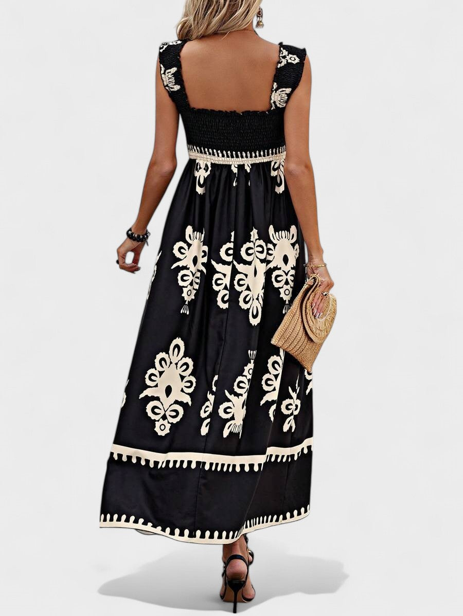 Liora | Women's Smocked Bodice Maxi Dress, Boho Print Square Neck Dress