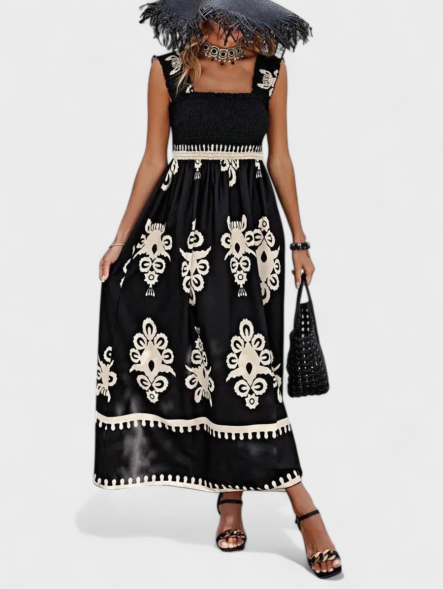 Liora | Women's Smocked Bodice Maxi Dress, Boho Print Square Neck Dress