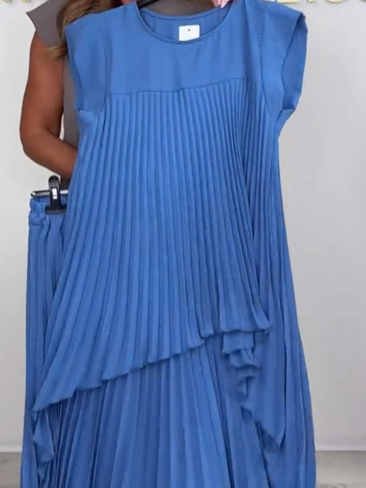 Sherry | Women's Pleated Two-Piece Set, Midi Top and Wide-Leg Pants Outfit