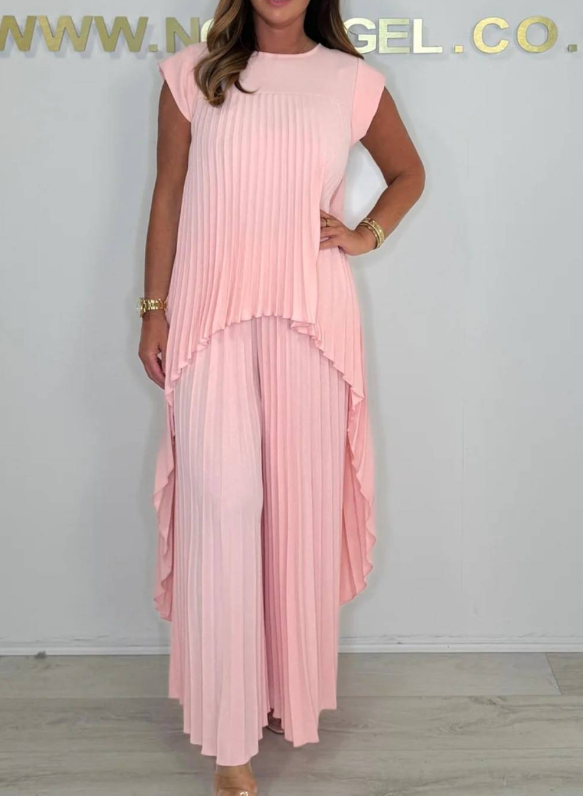 Sherry | Women's Pleated Two-Piece Set, Midi Top and Wide-Leg Pants Outfit