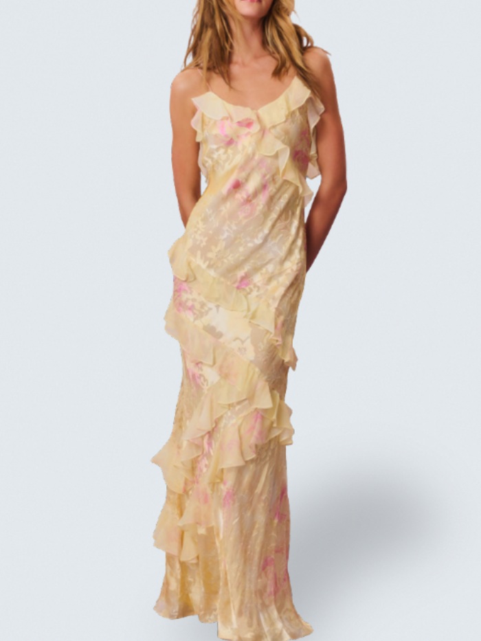 Darcel | Women's Ruffle Chiffon Maxi Dress, Floral Print Occasion Dress