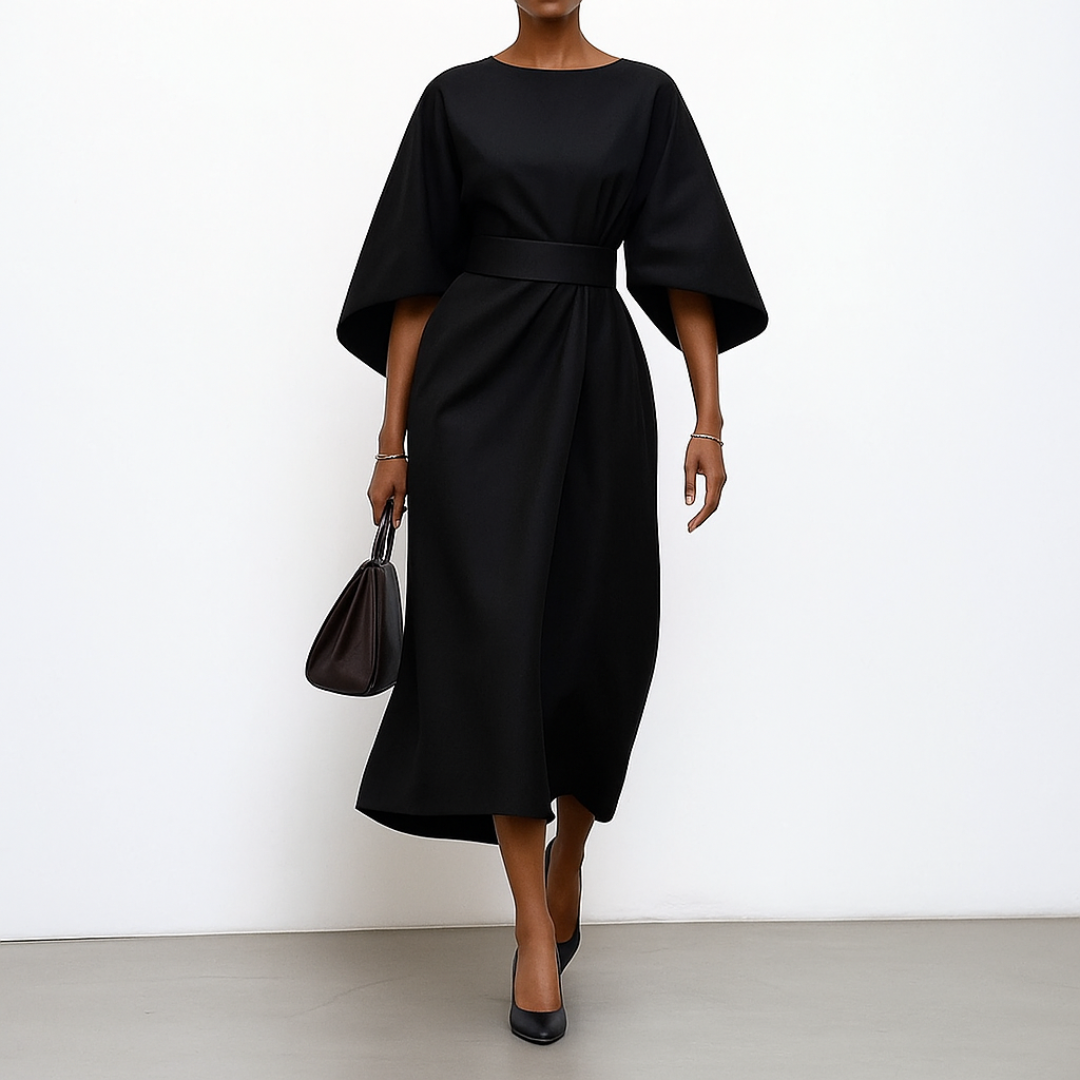 Eldra | Women's Batwing Sleeve Maxi Dress, Belted Long Sleeve Evening Dress