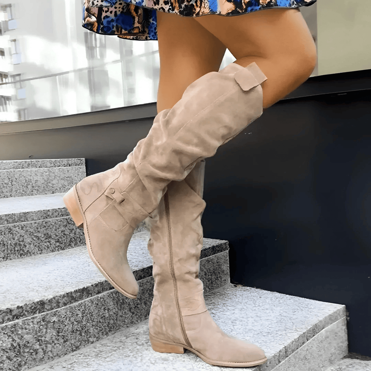 Savannah | Women's Tall Suede Western Boots, Slouchy Buckle Boots with Low Heel