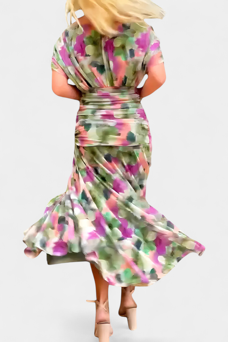 Alondra | Women's Floral V-Neck Maxi Dress, Long Pleated Waist Dress