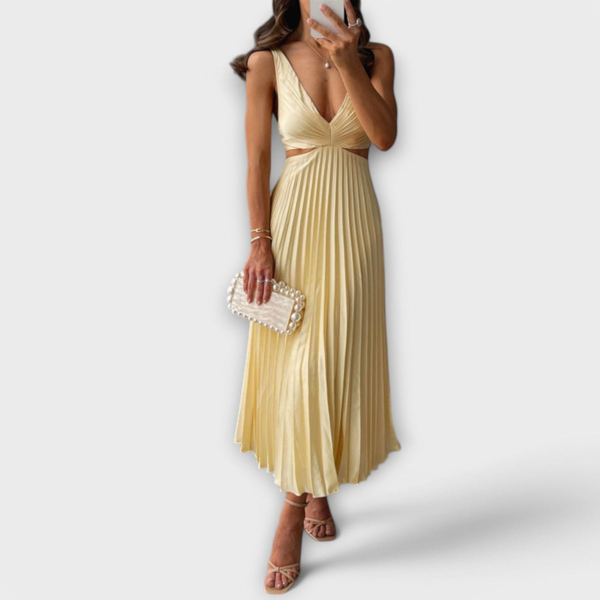 Women's Pleated Midi Evening Dress, Formal Wedding Guest Dress