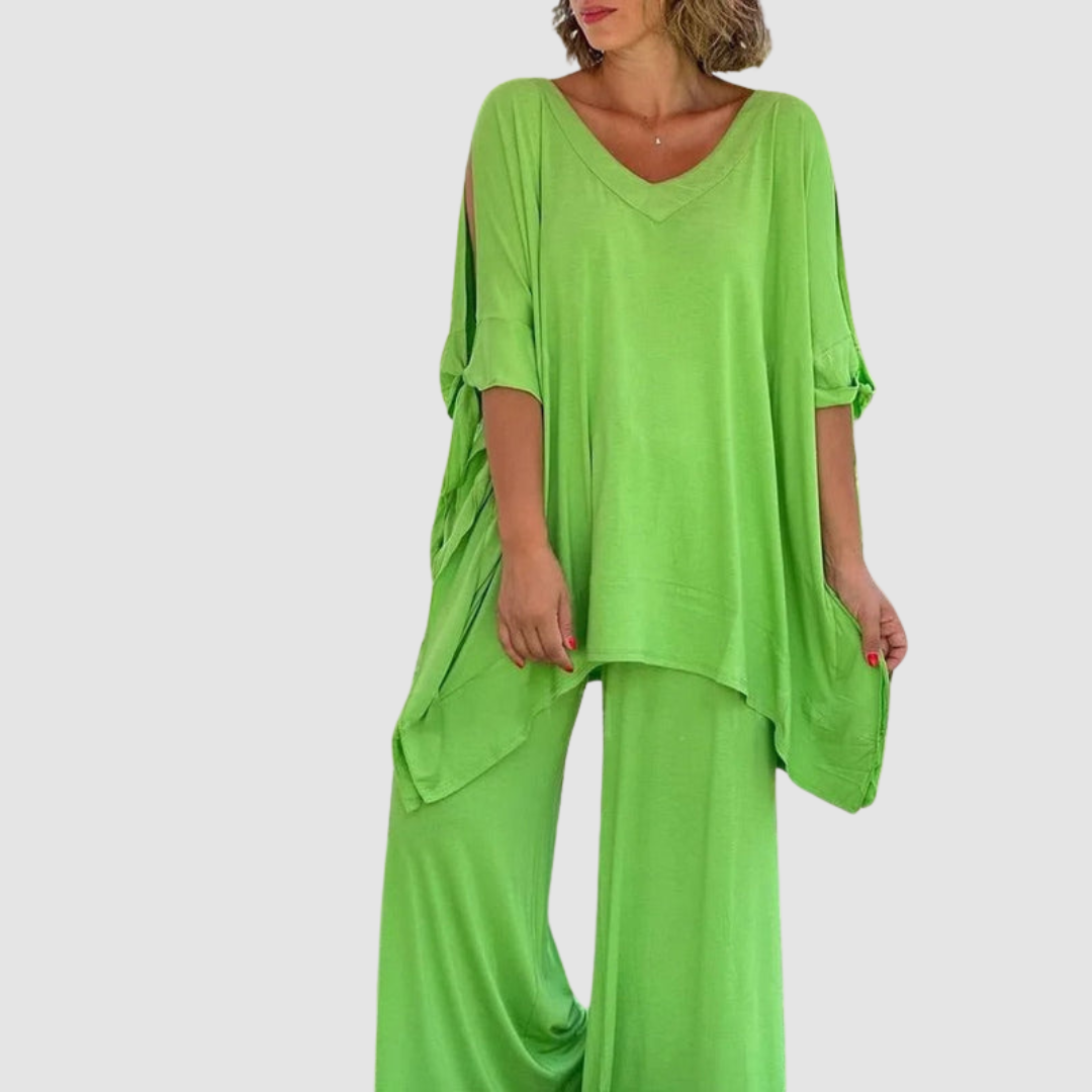 Zinnia | Women's Relaxed Two-Piece Set, Wide-Sleeve Top with Shoulder Cutouts