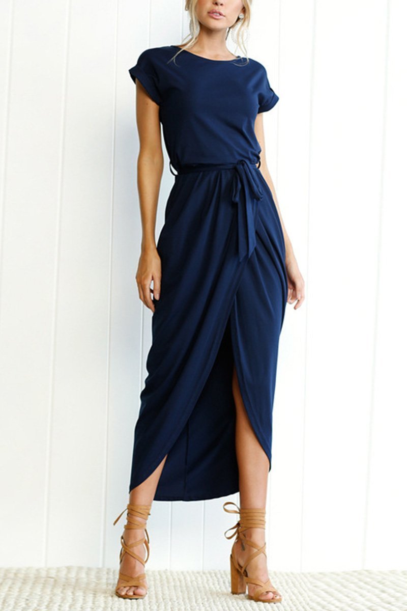 Maelis | Women's Cap Sleeve Casual Midi Dress, Belted Wrap Skirt Everyday Dress
