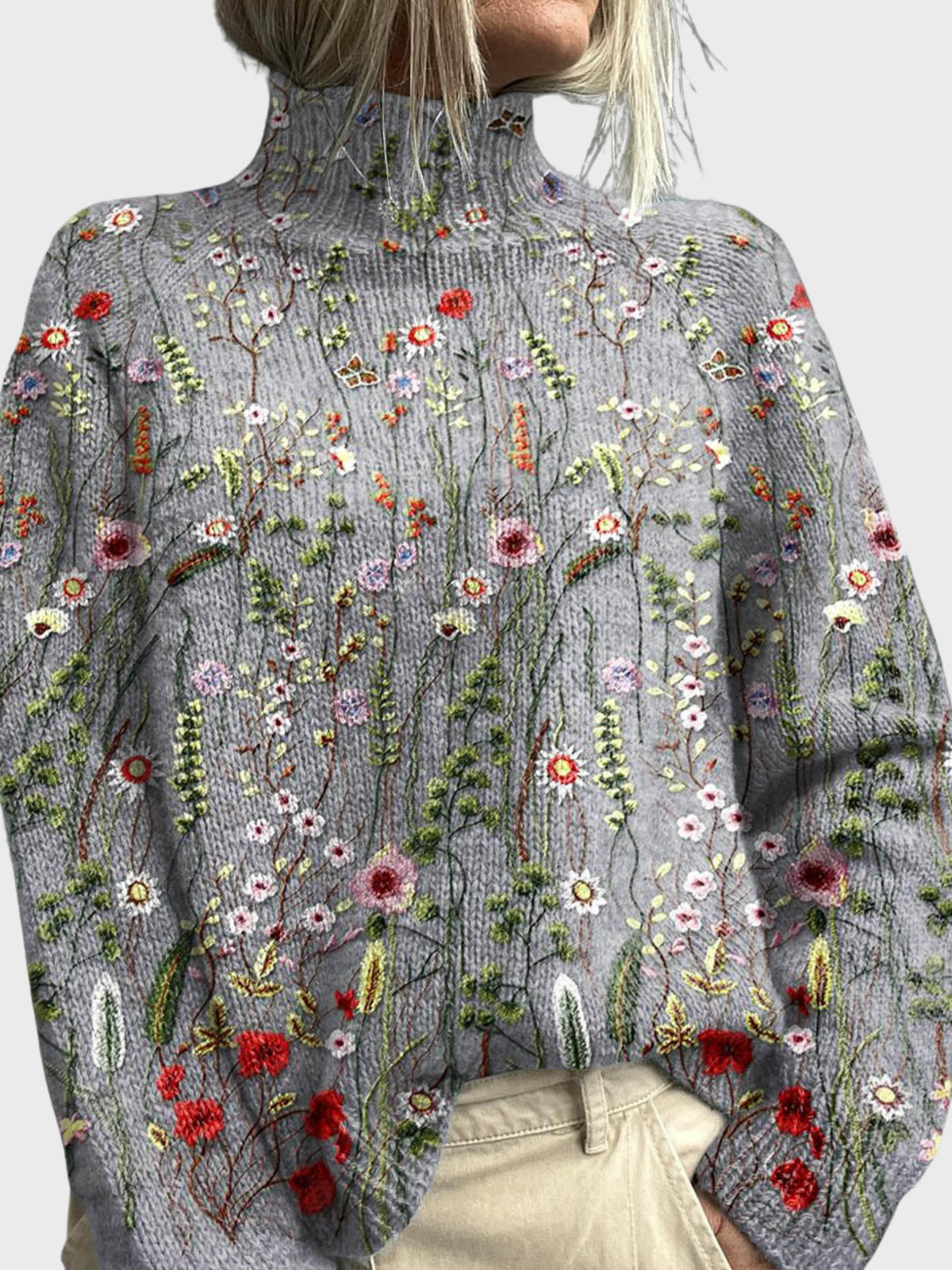 Jesse | Women's Vintage Floral Turtleneck Sweater, Warm Knit Winter Sweater